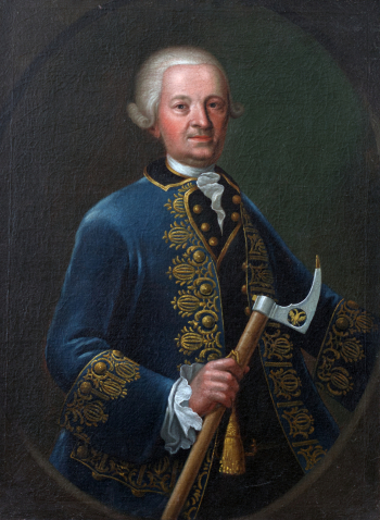 František Josef hrabě Pachta z Rájova (1710–1799), nejvyšší mincmistr Království českého v letech 1755–1774. Tento portrét tehdejšího vysokého horního úředníka jsem objevila v létě 2024 v expozici Královské mincovny v Jáchymově. Už tam ale nevisí, před časem byl přemístěn do depozitáře Muzea Karlovy Vary, sign. MKV-Uo 907. Reprodukce obrazu je možná díky vstřícnosti a svolení vedení muzea. Zdroj: SOA v Praze – SOkA Příbram