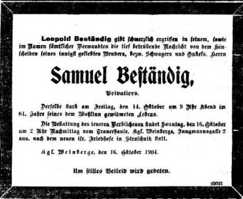 Oznámení o úmrtí Samuela Beständiga. Foto: Itai Hermelin, Geni.com