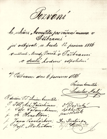 Titulní strana listiny, kterou byla svolána schůze komitétu pro zřízení muzea v Příbrami dne 12. prosince 1886. Foto: Hornické muzeum Příbram