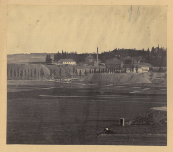 Uprostřed důl Anna, vpředu prádla a nahoře za Prokopskou kaplí v lesíku důl Prokop, rok 1866