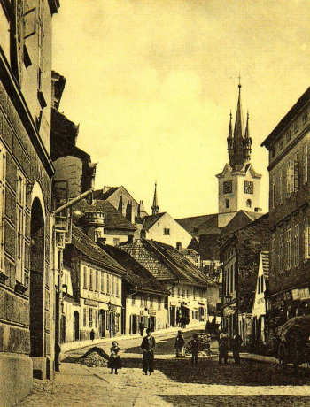 V levé frontě Plzeňské ulice ve třetím domě shora byla Pelzova knihtiskárna. 